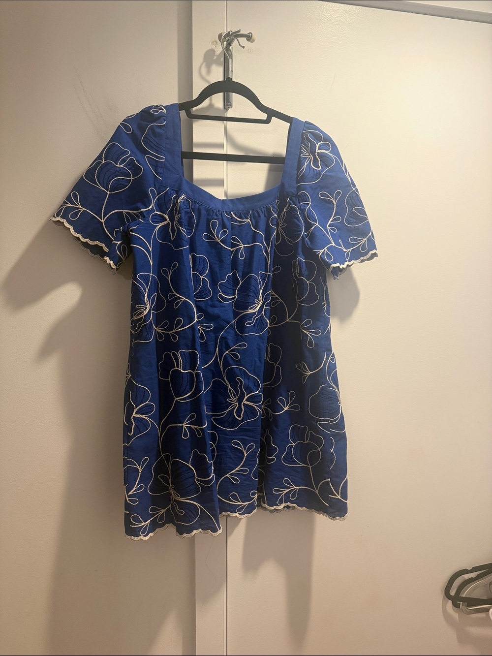 Sezane Royal Blue Embroidered Square-Neck Tunic dress